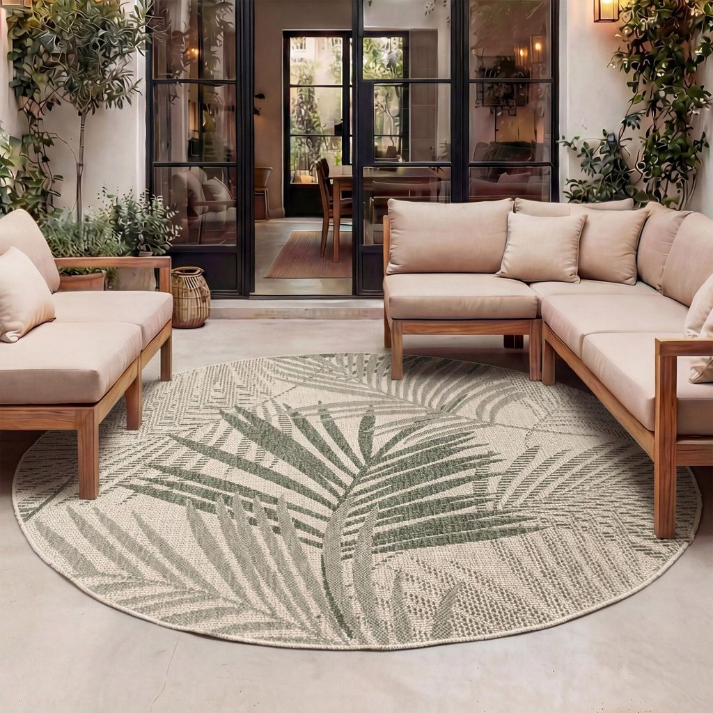 Volero - Outdoor Teppich Rund - Tiga Palm Grün - Ø 100 cm - Wohnzimmer, Esszimmer, Balkon, Garten, Terrasse, Flur - Boho