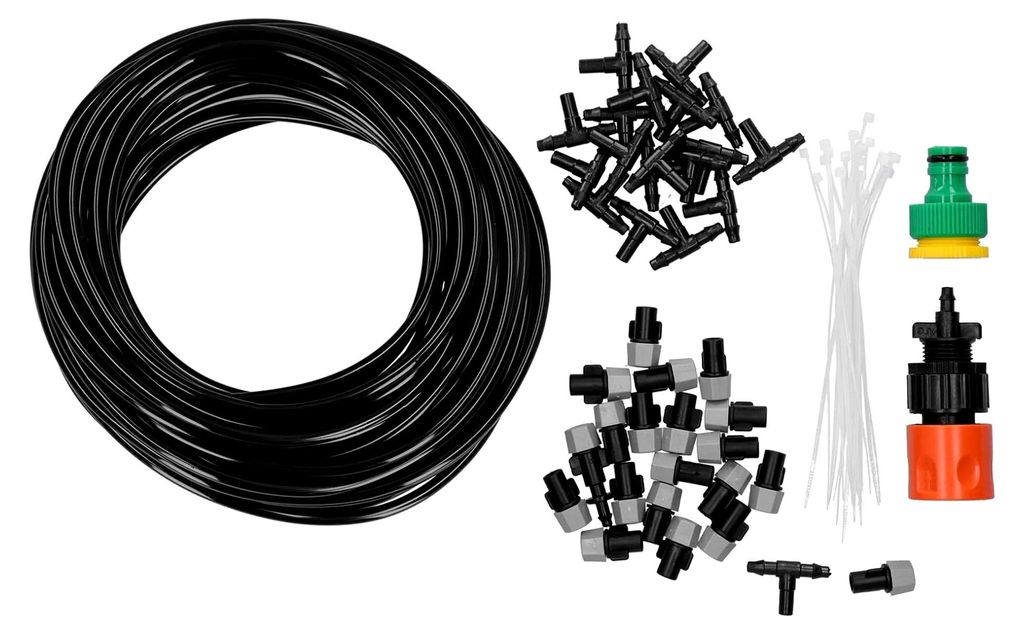 Bewässerungssystem mit 20 m Schlauch für Gartenbewässerung, Sprühnebel und Sprinklerdüsen-Kit