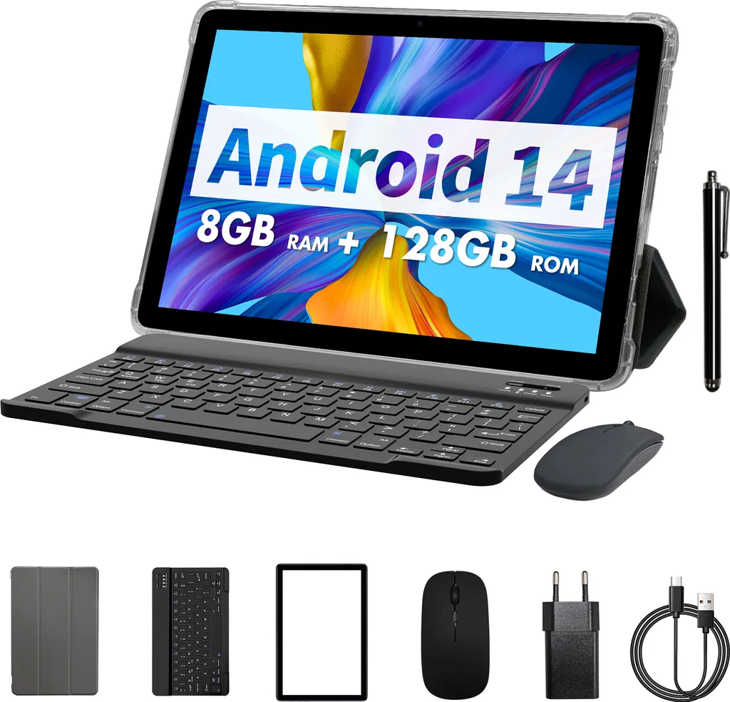 PRITOM Tablette Android 14 10 pouces 128Go avec Clavier et Souris Inclus