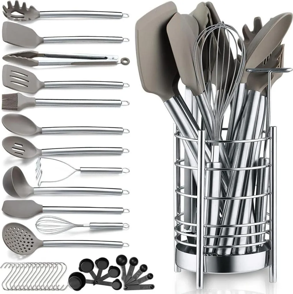 Ustensiles de cuisine en inox et silicone thermorésistant avec pot
