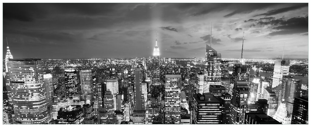 Wallario Wandbild aus Acryl, 200 x 80 cm, freischwebende Optik - New York bei Nacht - Panoramablick über die Stadt - schwarzweiß
