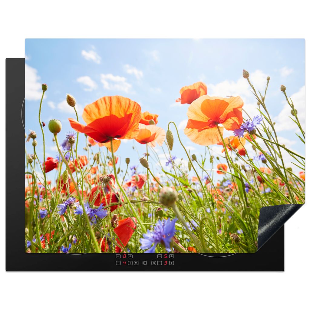 KitchenYeah Herdabdeckplatte Blumen - Mohn - Frühling - Natur - Rot - Blau , 77x59cm, Küche Deko, Glaskeramikkochfeld Herdabdeckung, Abdeckplat...