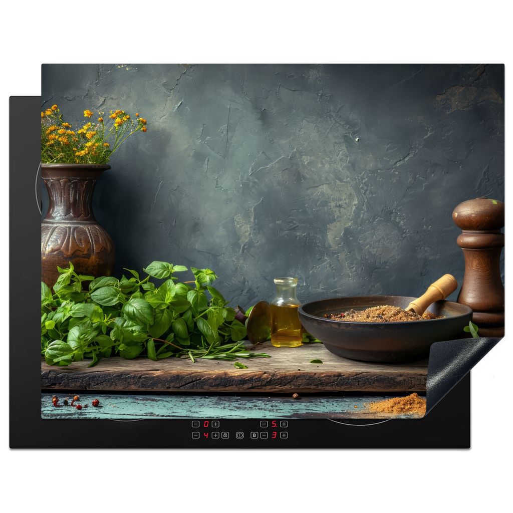 KitchenYeah Herdabdeckplatte Stilleben - Küche - Kräuter , 77x59cm, Küche Deko, Glaskeramikkochfeld Herdabdeckung, Abdeckplatte fùr Kochfeld