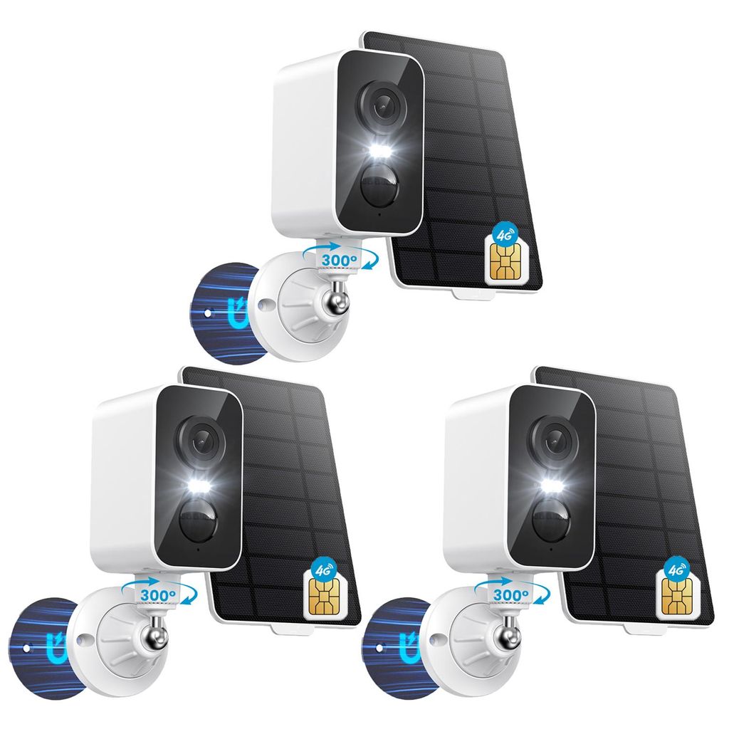 3 Stück 4G Überwachungskamera mit SIM Karte Magnetische Sicherheitskamera für Reisen ohne WLAN Kamera Solar PIR & Farbnachtsicht 300° Schwenkbe...