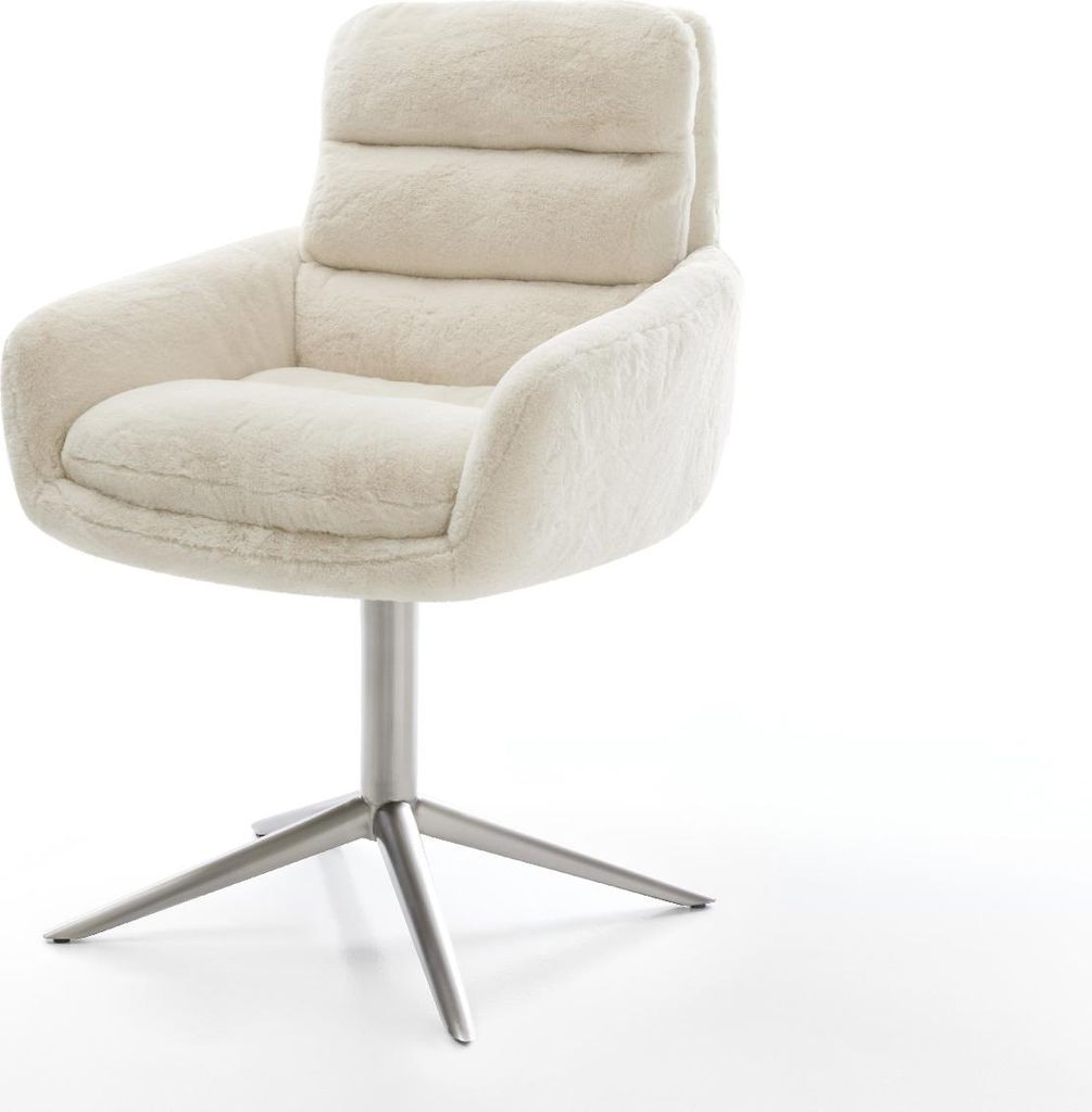 DELIFE Drehstuhl Abelia-Flex mit Armlehnen Plüsch Creme-Weiß Fußkreuz Edelstahl 360° drehbar Wippfunktion