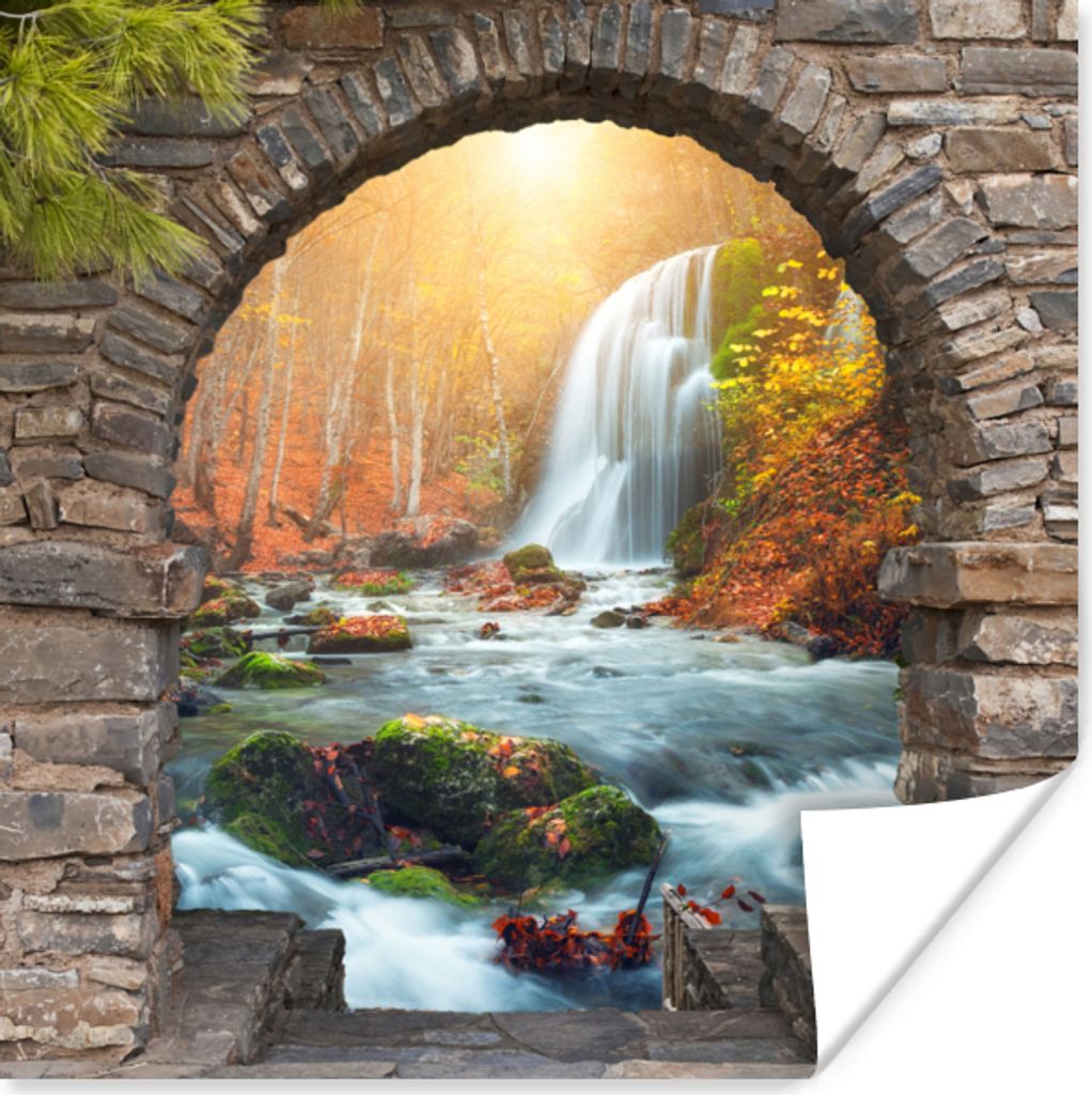 MuchoWow Poster Aussicht - Wasserfall - Herbst - Landschaft 50x50 cm - Wohnzimmerdekoration