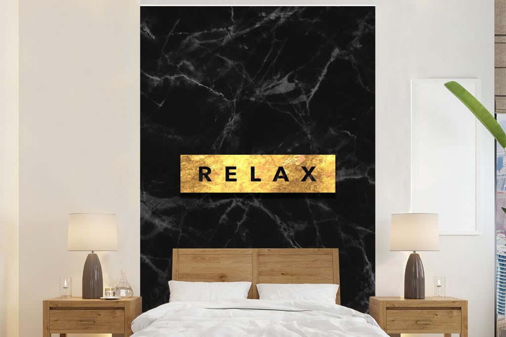 MuchoWow Fototapete für Wohnzimmer oder Schlafzimmer Wandtapete Vinyl Motivtapete Zitate - Entspannen - Gold - Marmor - 160x240 cm - Vinyltapete