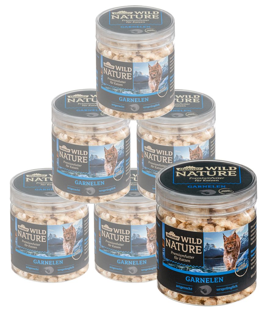 Dehner Wild Nature Katzensnack, Premium Leckerli glutenfrei / zuckerfrei, für ernährungssensible Katzen, gefriergetrocknet, Garnelen, 6 x 20 g (1...