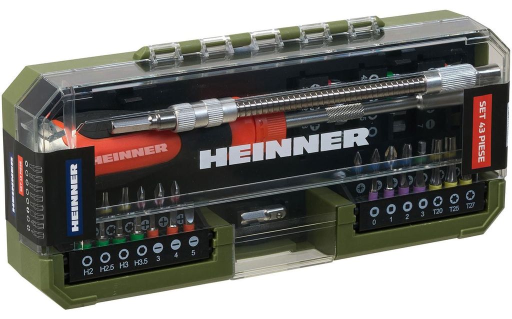 43-teiliges Zubehörset Heinner PCSS018, Ratschenschraubendreher, Bits, flexible Verlängerung, Bit-Adapter