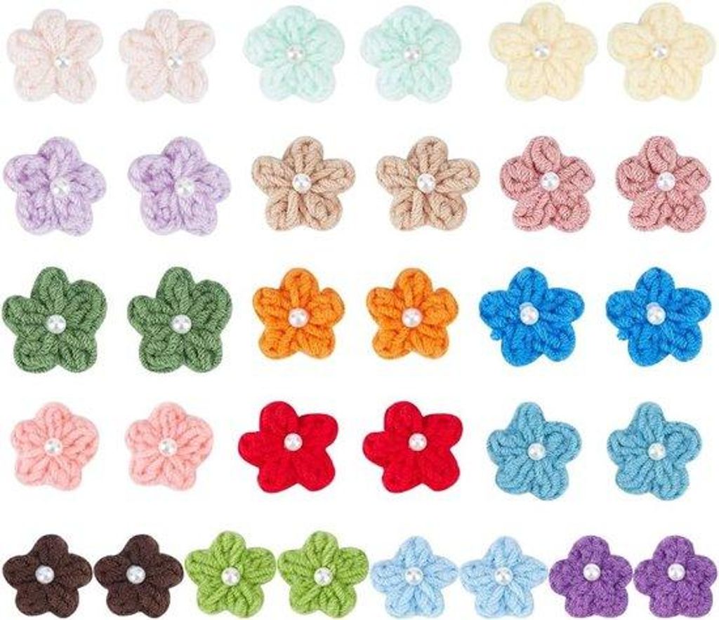 Krochet-Blumen-Accessoires - 32 Teile in 16 Farben mit winzigen Perlen - Selbstfertige Nähereinlagen - Handgefertigte Krochet-Passe-Partout für K...