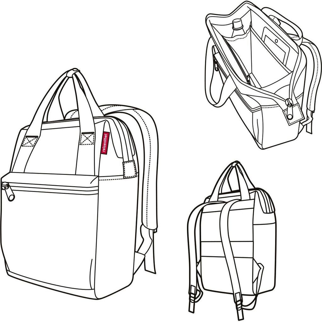 A collage of line drawings showing different views of a backpack.