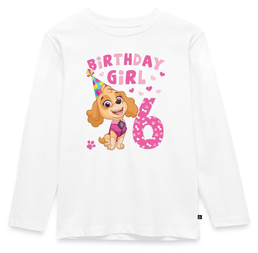 Spreadshirt Paw Patrol Geschenk 6 Jahre Alt 6. Geburtstag Skye Kinder Premium Langarmshirt, 134/140 (8 Jahre), Weiß