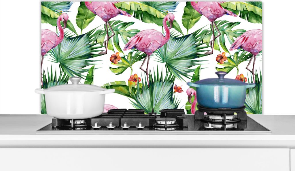 KitchenYeah Spritzschutz Küche - Küchenrückwand - Wandschutz für Herd und Spüle - Blätter - Flamingo - Blumen - Dschungel 100x50 - Alu-Dib...