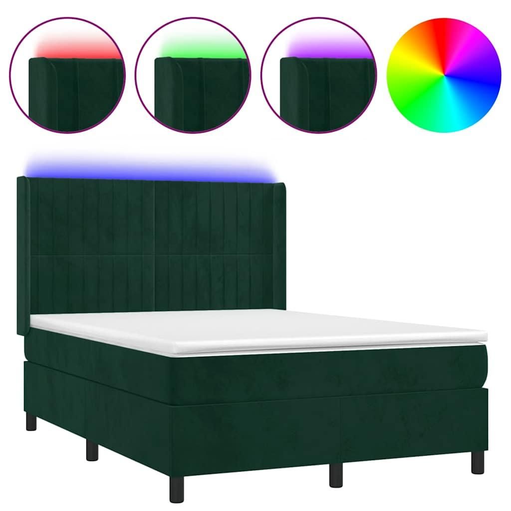 vidaXL Boxspringbett mit Matratze & LED Dunkelgrün 140x200 cm Samt