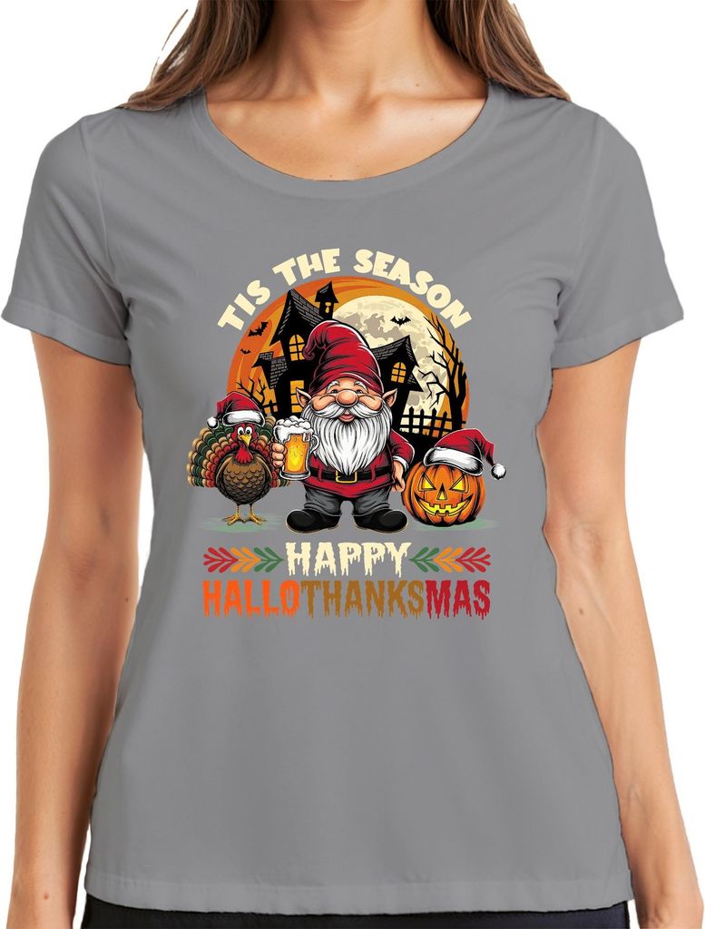 Happy Hallothanksmas Gnome Turkey Jack O Lantern Haunted Pumpkin Damen T-Shirt, Grau, L