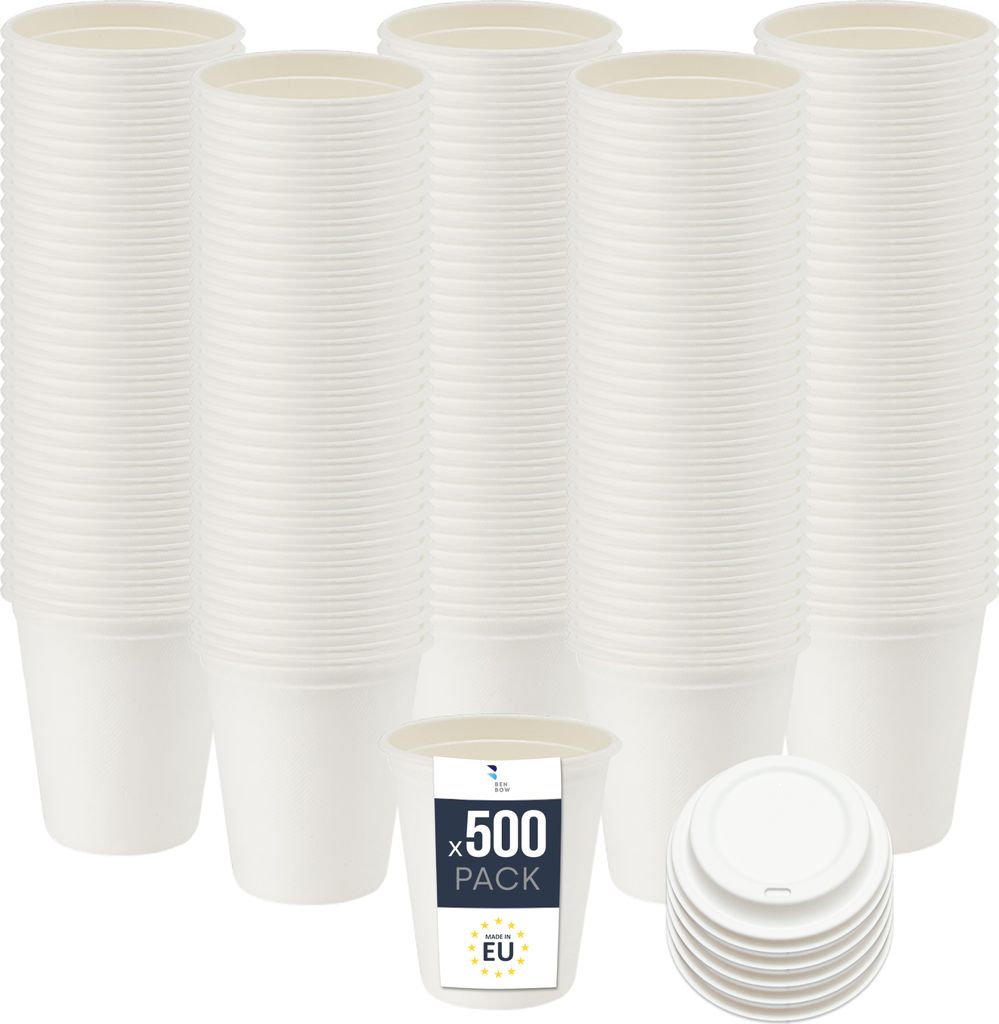 BenBow Einwegbecher aus Zuckerrohr mit Deckel, Weiß, 300 ml x 500 – Besser als Pappbecher, Umweltfreundlich, Ideal für Partys oder Kaffee