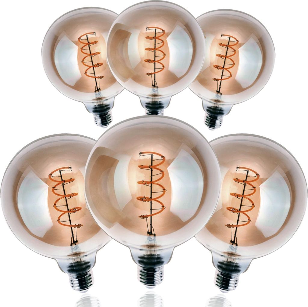 A group of six decorative LED light bulbs arranged in two rows on a white background.