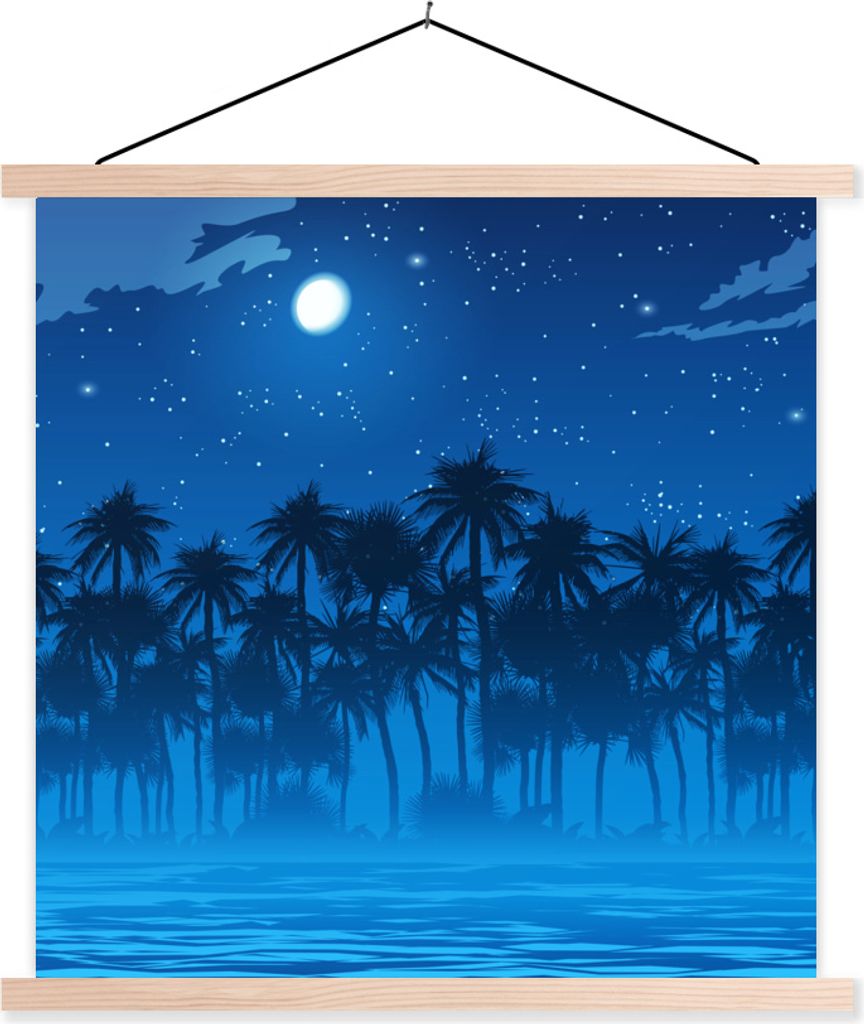 MuchoWow Textilposter Palme - Strand - Mond 60x60 cm mit holzfarbenen Rahmen - Wanddekoration
