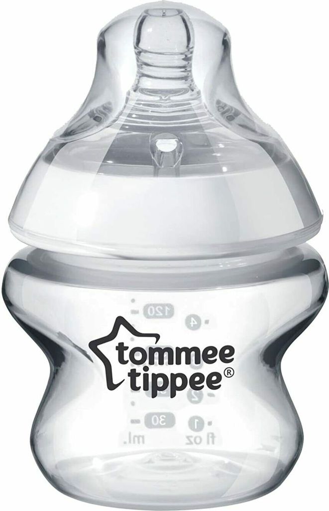 A clear, studio shot of a Tommee Tippee baby bottle.