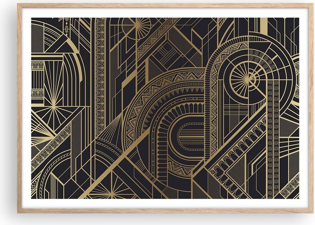 Gerahmtes Poster - Rahmen in heller Eiche - Ornament Gold Schwarz - 100x70 cm - Wand Bild - Wanddeko - Wandbilder - Kunstposter - Wandposter - Bild...