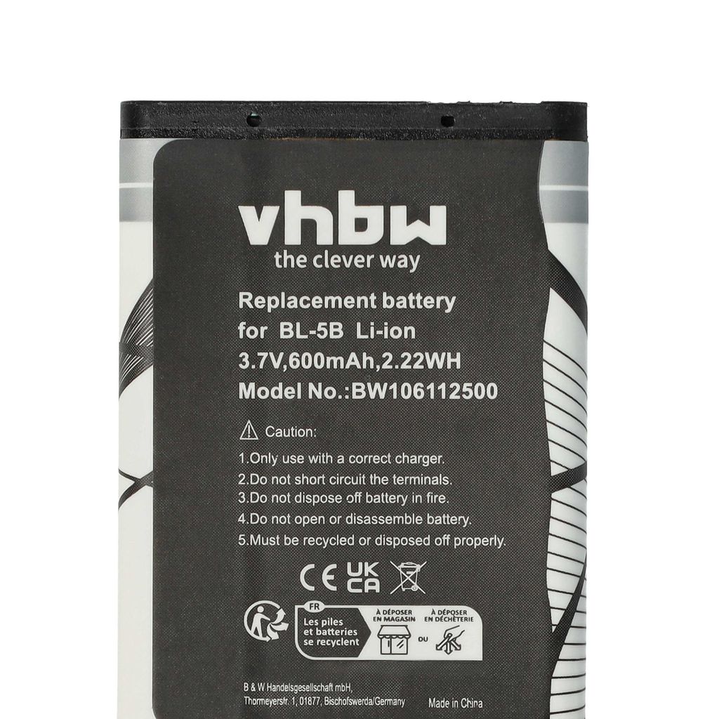 vhbw Akku kompatibel mit Nokia 6070, 6080, 5320 XPRESSMUSIC, 6020, 5500 SPORT, 6060, 6021 Handy Smartphone Telefon (600 mAh, 3,7 V, Li-Ion)
