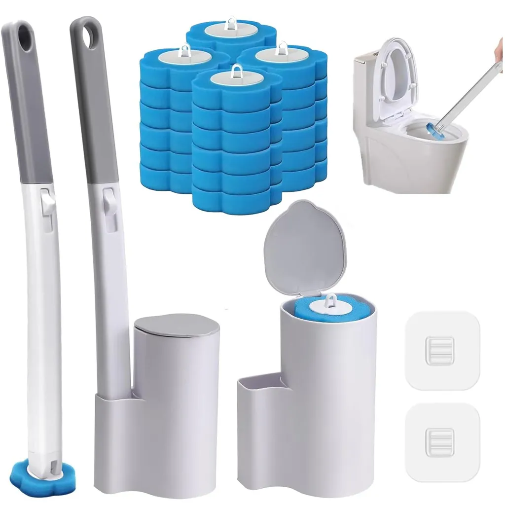 Lot de 2 brosses de toilettes jetables avec 24 éponges et support mural