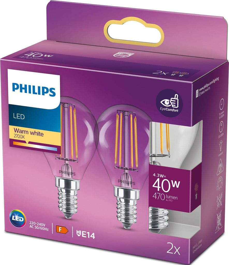 A retail package of Philips LED light bulbs.