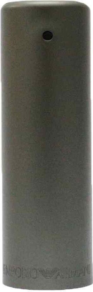 A vertical shot of a gray cylindrical bottle, likely a fragrance or cosmetic product.