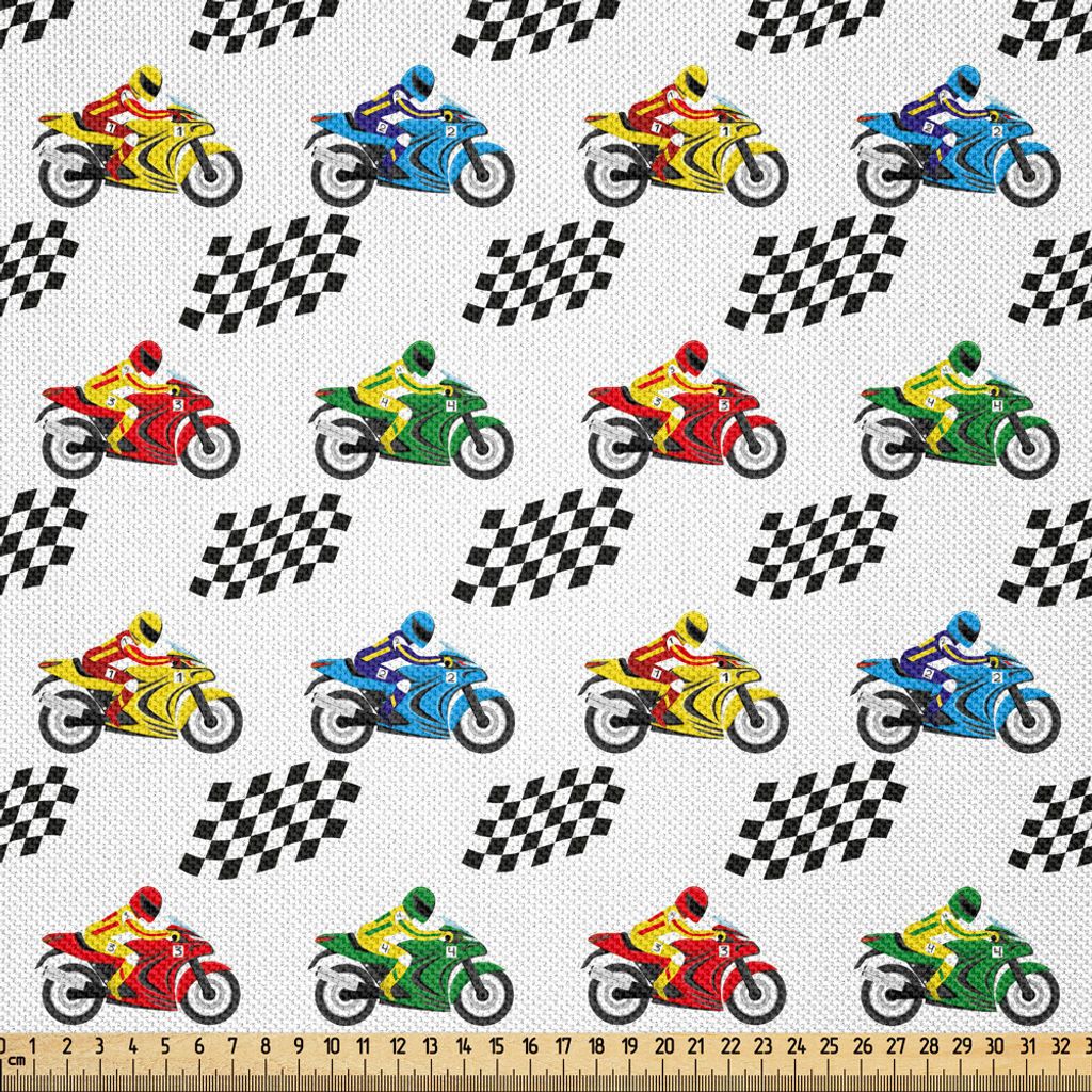 ABAKUHAUS Motorrad Satin Stoff als Meterware, Sports Bike mit Racing Riders unter schwarz-weiß karierten Fahnen Wettbewerb, 5 M (148 x 500 cm), Me...