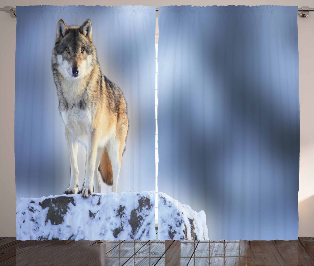 ABAKUHAUS Wolf Rustikaler Gardine, Carnivore Canine im Schnee, Schlafzimmer Kräuselband Vorhang mit Schlaufen und Haken, 280 x 245 cm, Mehrfarbig