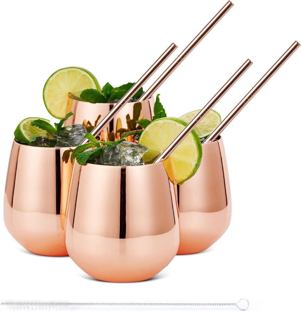 Oak & Steel Edelstahl Trinkbecher Roségold 4er-Set inkl. Trinkhalmen