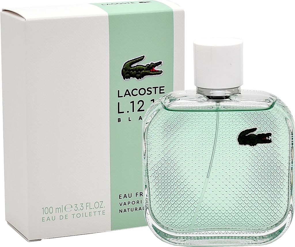 A bottle of Lacoste Eau de Lacoste L.12.12 Blanc Eau Fraiche and its packaging are displayed against a white background.