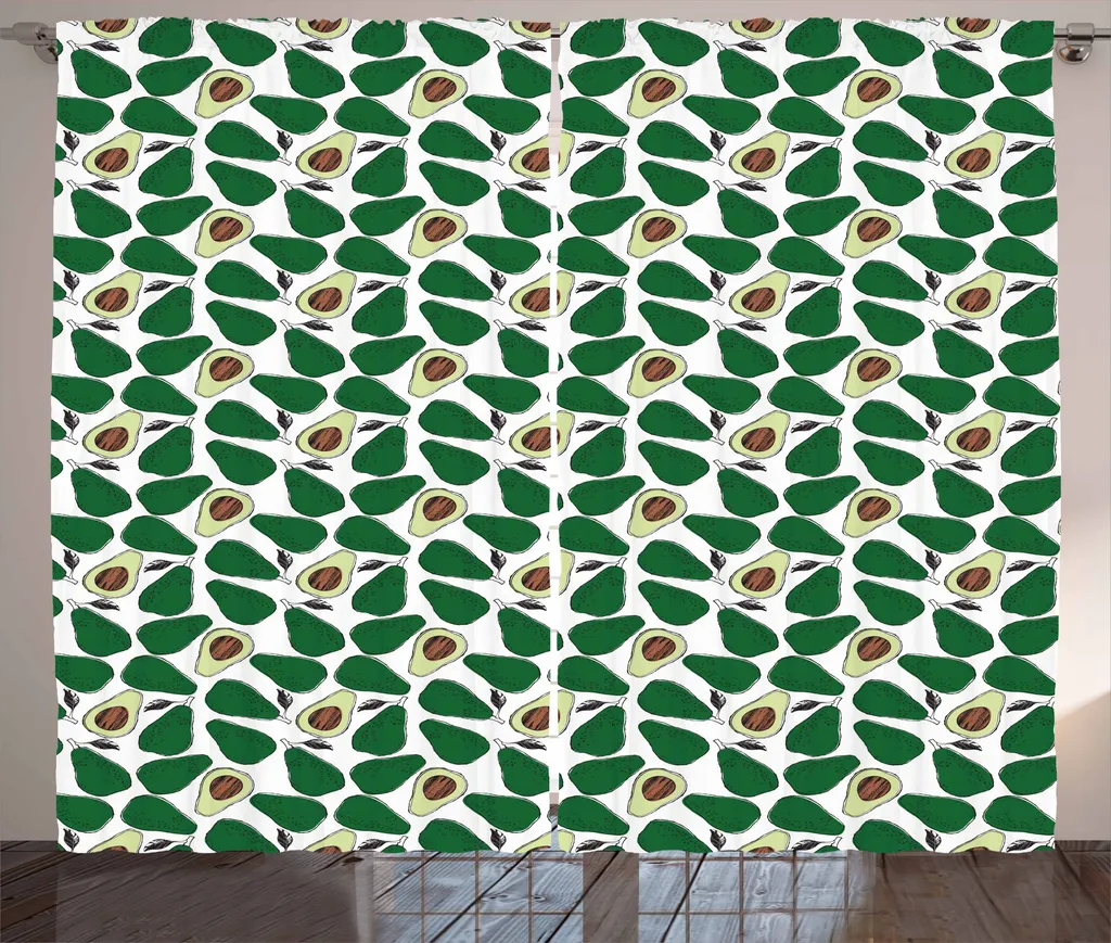 ABAKUHAUS Tenda rustica con motivo avocado, Doodle Avocado Slices, tenda con passanti e ganci per camera da letto, 280 x 175 cm, verde smeraldo chiaro marrone