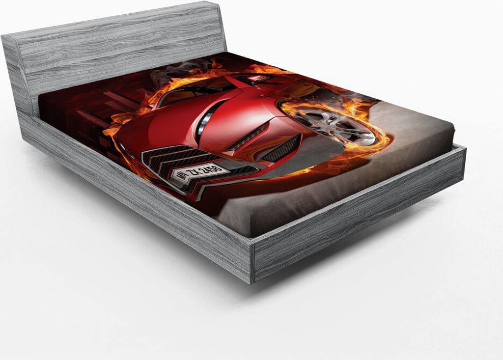 ABAKUHAUS Autos Spannbetttuch, Red Sports Car Burnout Reifen in flammenden Motor Hot Fire Smoke Automobile, 135 x 190 cm, Rot Schwarz Orange