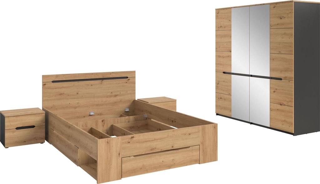 Homes & Jones Schlafzimmer-Set Sova – Bett 140x200 mit Stauraum, 2 Nachttische & 4-türiger Kleiderschrank mit Spiegeltüren