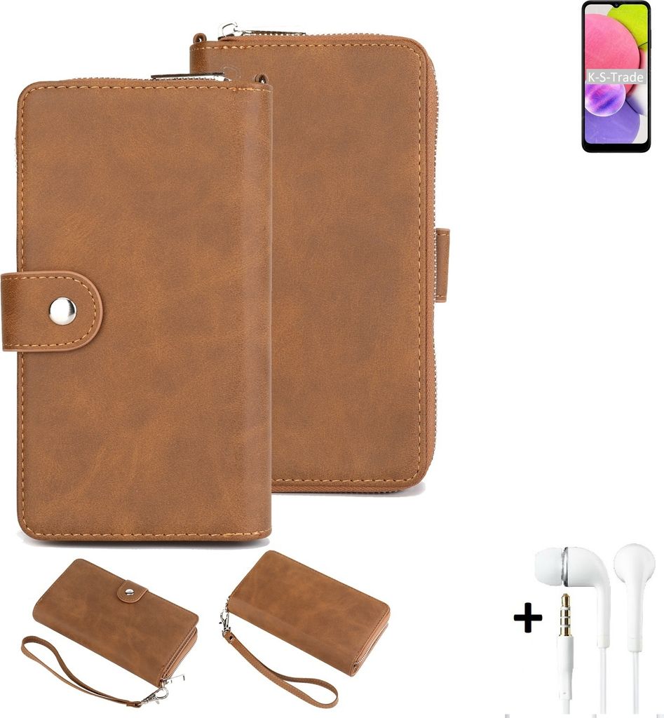K-S-Trade Handy Schutz Hülle kompatibel mit Samsung Galaxy A03 + Kopfhörer Portemonnee Tasche Wallet-Case Bookstyle-Etui braun (1x)