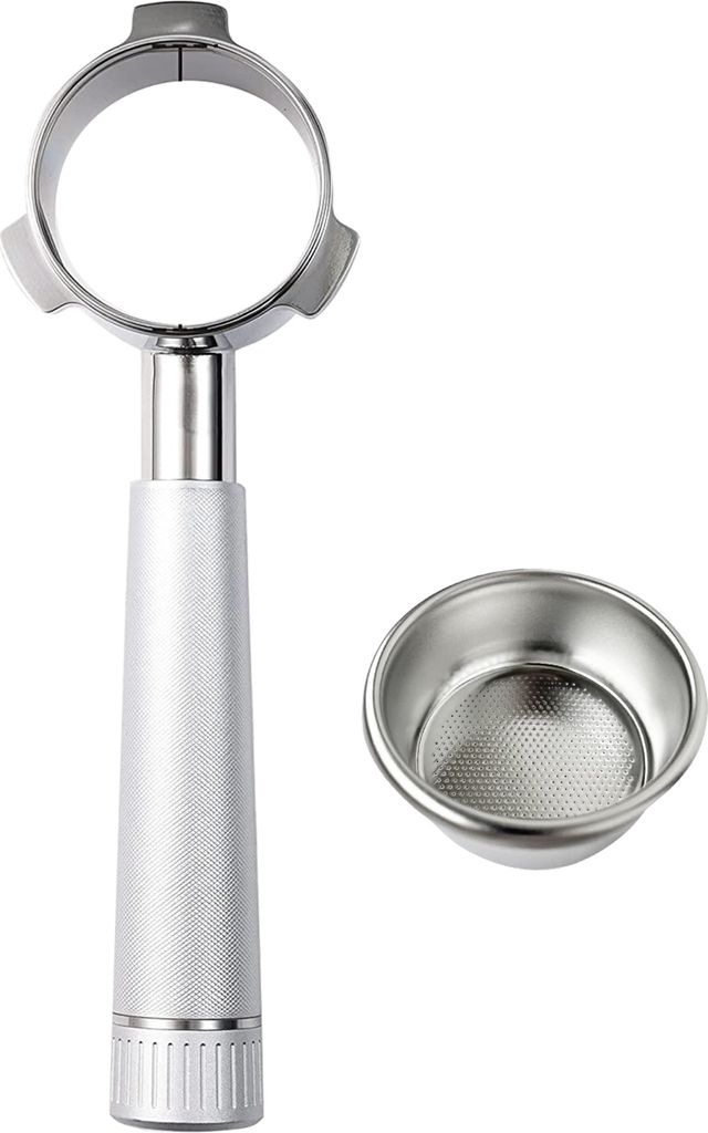 A portafilter and a filter basket for an espresso machine, shown separately on a white background.