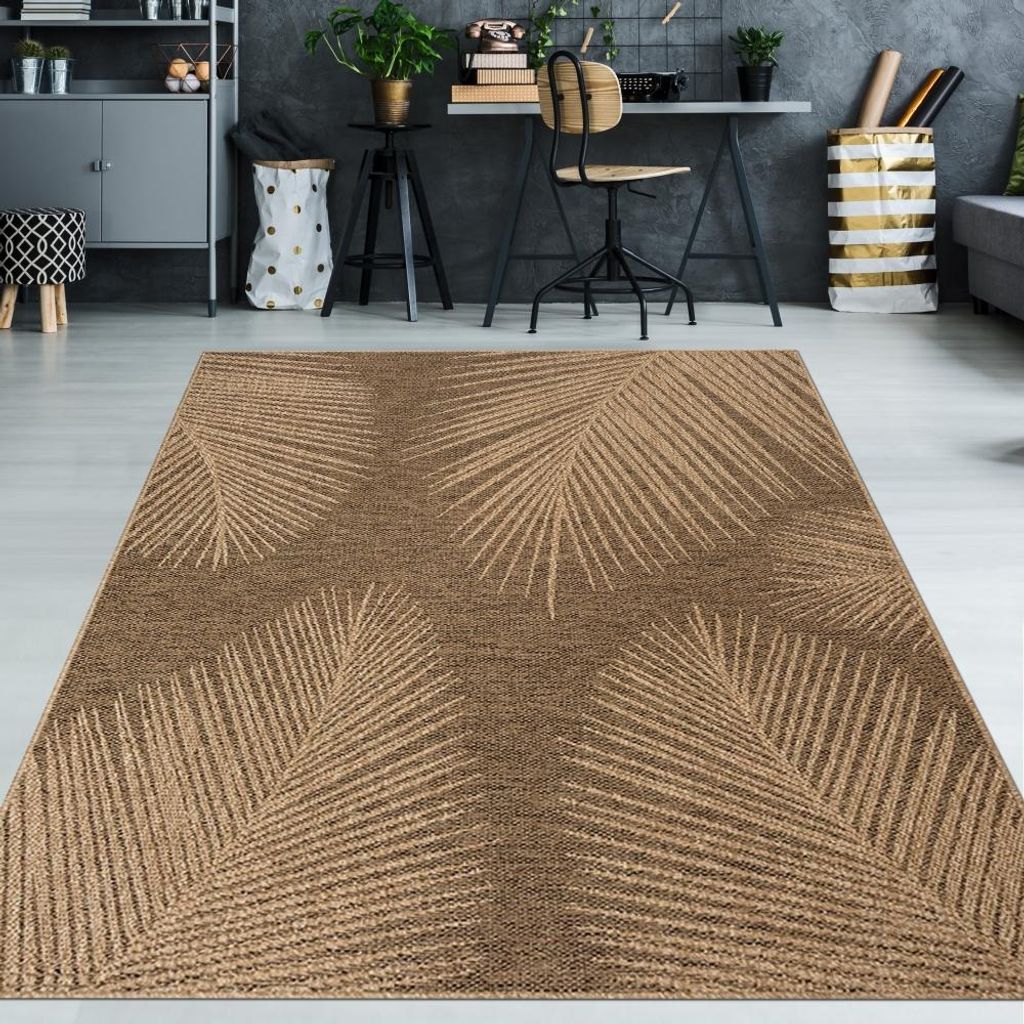 Zeitloser Teppich für Innen- & Außenbereich wetterfest mit Blattmuster in Beige Braun Größe - 200 x 290 cm