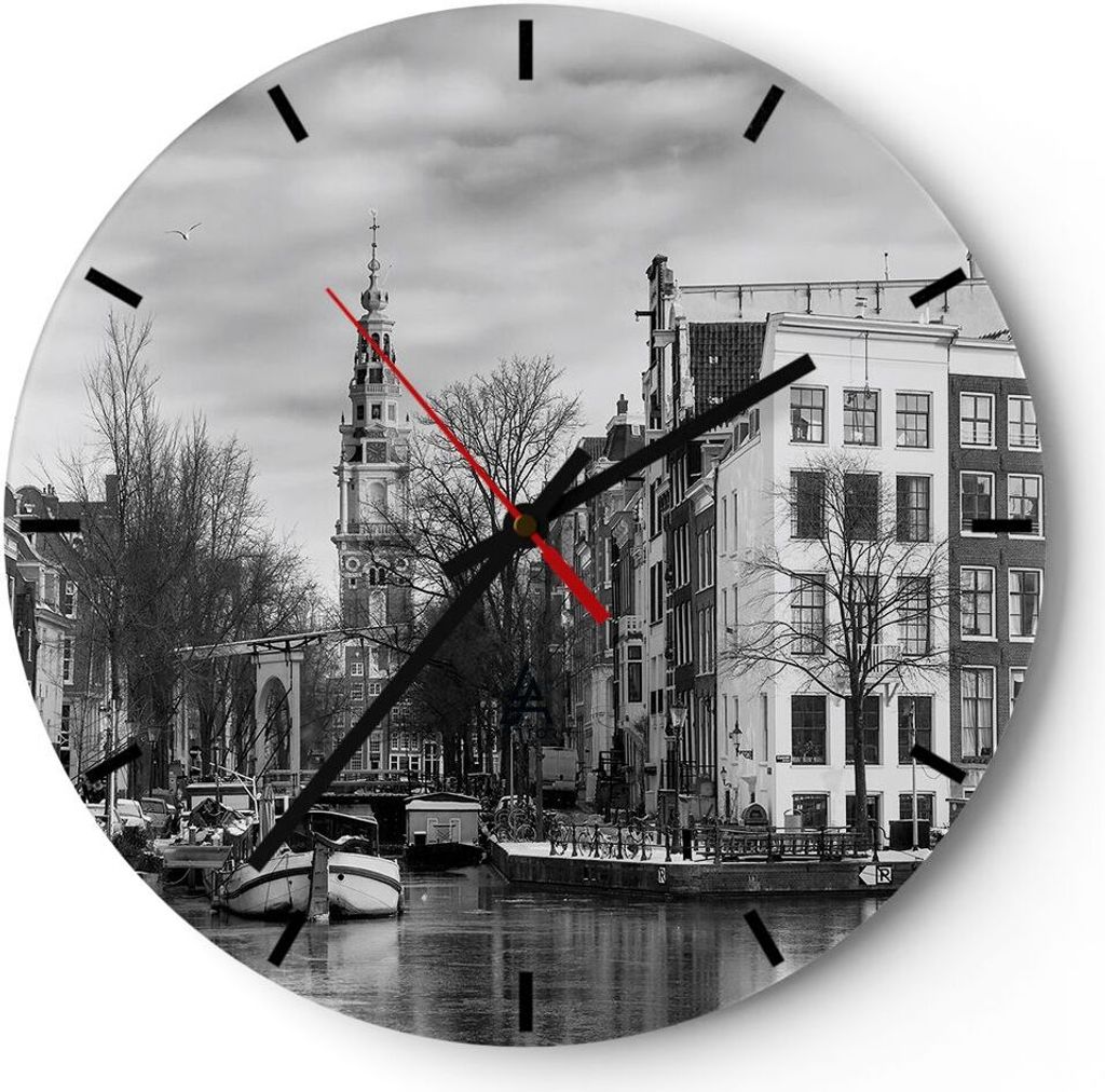 Wanduhr - Rund - Glasuhr - Schwarzweiß Amsterdam Boote - 40x40cm - Schleichendes Uhrwerk - Lautlos - zum Aufhängen bereit - Dekoration Modern - W...