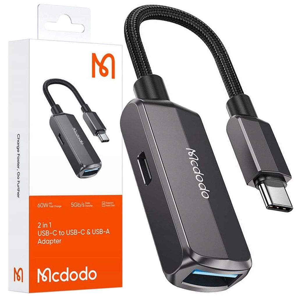 A product shot of a USB-C adapter and its packaging.