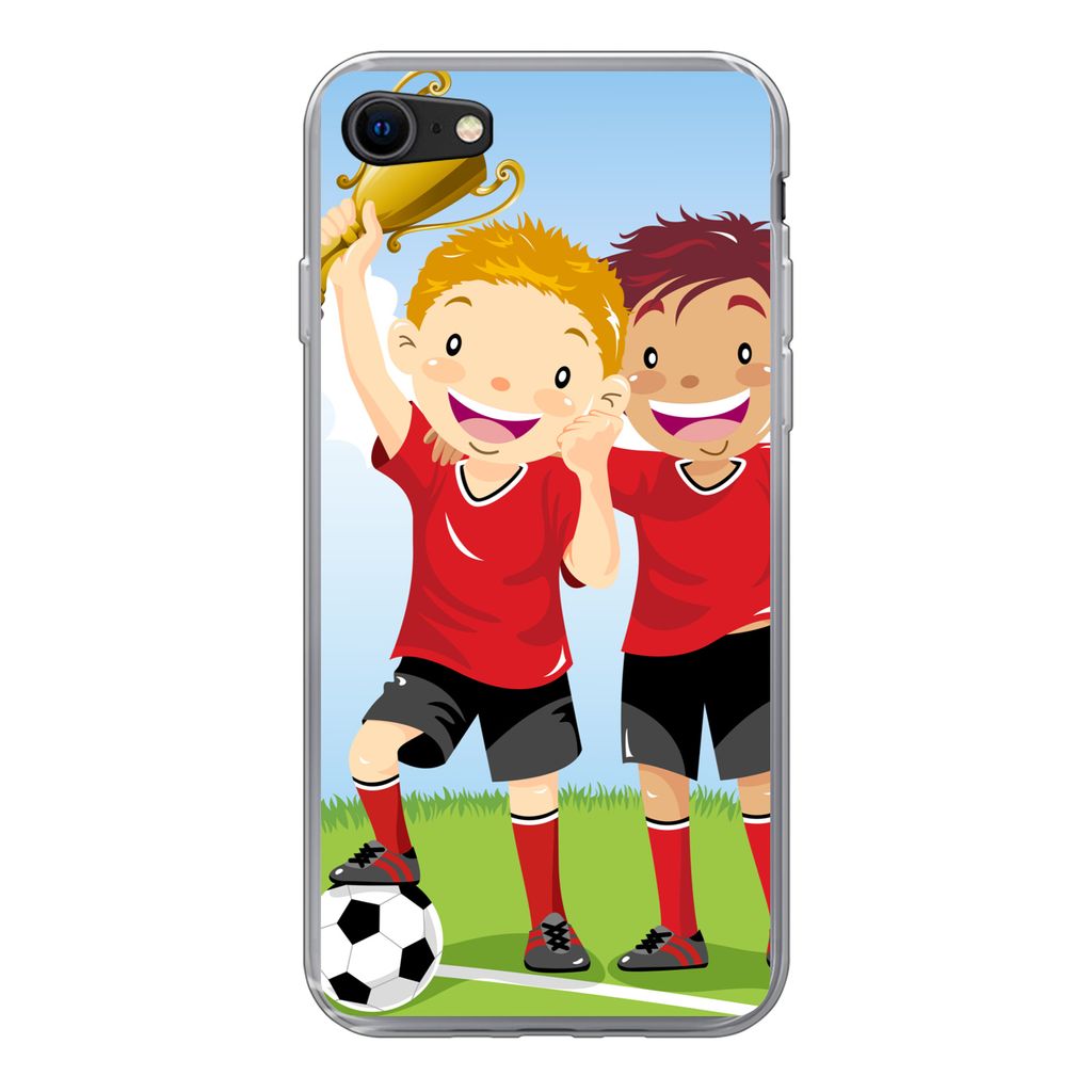MuchoWow Handyhülle Schutzhülle Hülle für iPhone 7 Eine Illustration von zwei Fußballspielern, die einen Preis gewonnen haben - Jungen - Mä...