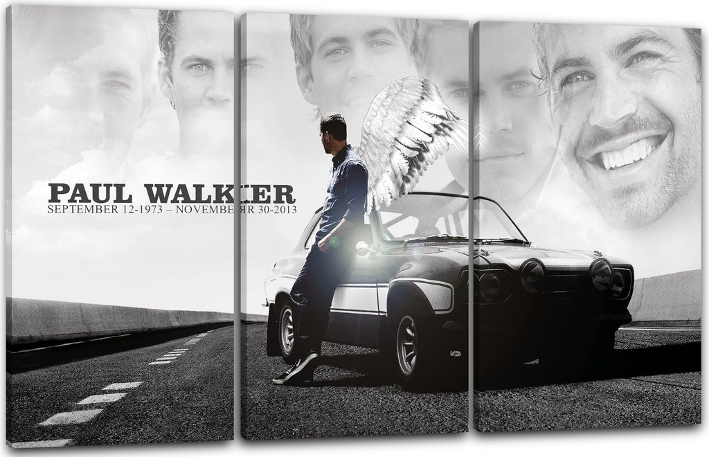 Leinwandbild 3-teilig (120x80cm): Paul Walker mit Flügeln an Auto gelehnt Legends never die, echter Holz-Keilrahmen inkl. Aufhänger, handgefertig...