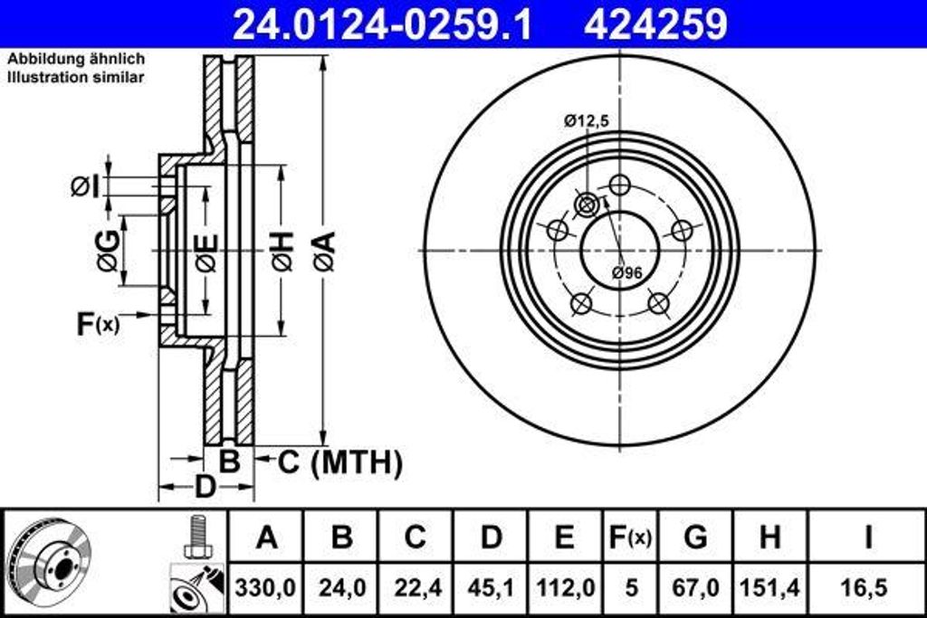 ATE 24.0124-0259.1 Bremsscheibe OE 34116865713 kompatibel mit 1er F40, 2er F45, 2er F46, X1, X2, Countryman