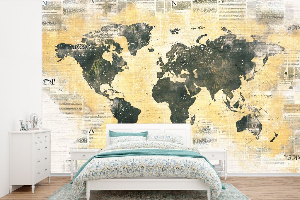 MuchoWow Fototapete für Wohnzimmer oder Schlafzimmer Wandtapete Vinyl Motivtapete Weltkarte - Gold - Zeitung - 420x280 cm - Zimmer für Kinder