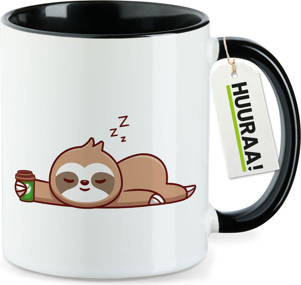 Huuraa Kaffeetasse schlafendes Faultier Comic 330ml Schwarz Keramik Kaffeebecher Geschenkidee