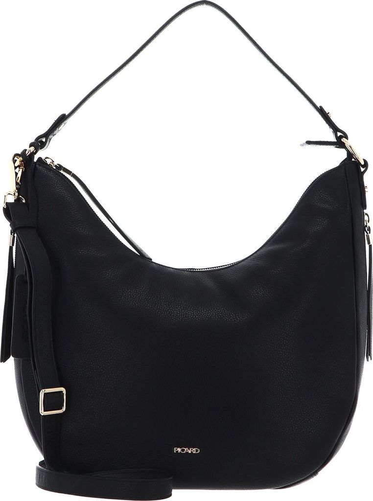 A studio shot of a black leather handbag.