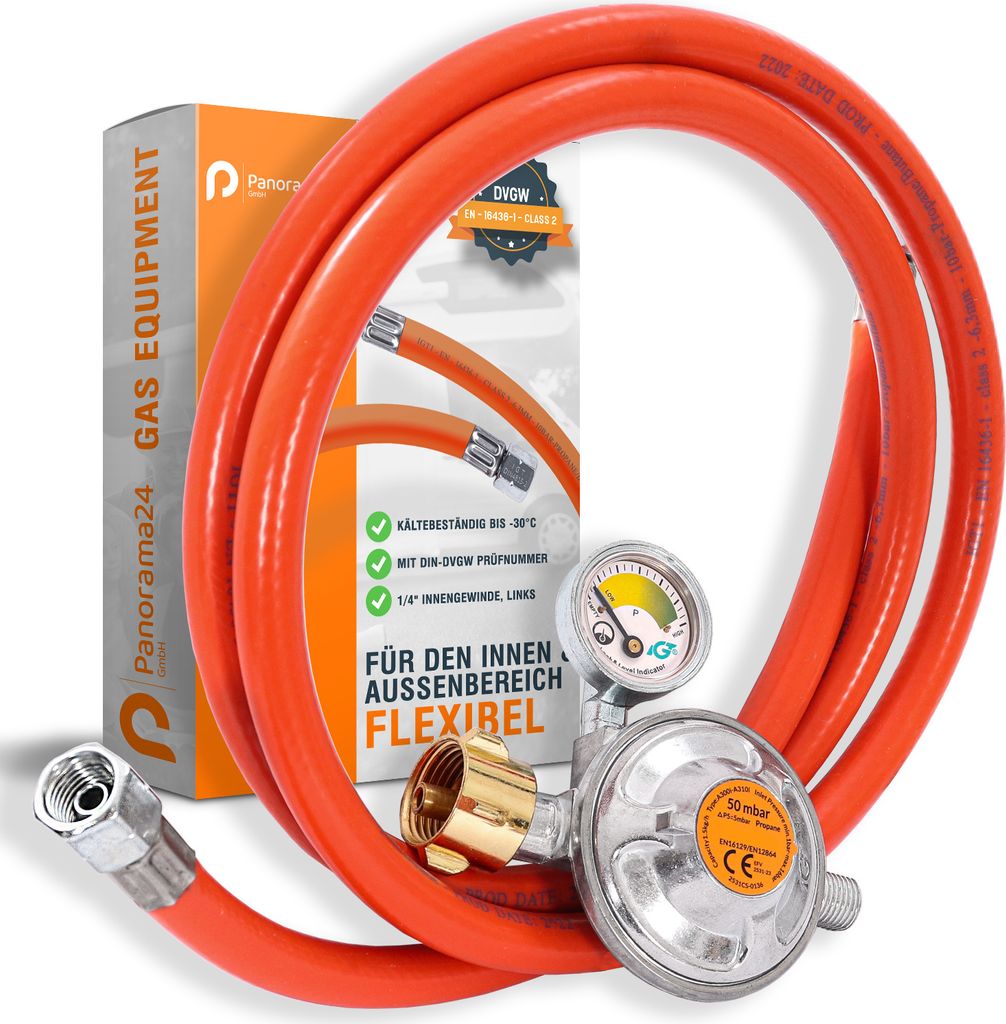 Gasschlauch Set bestehend aus Gasdruckregler 50 mbar mit Produktbild