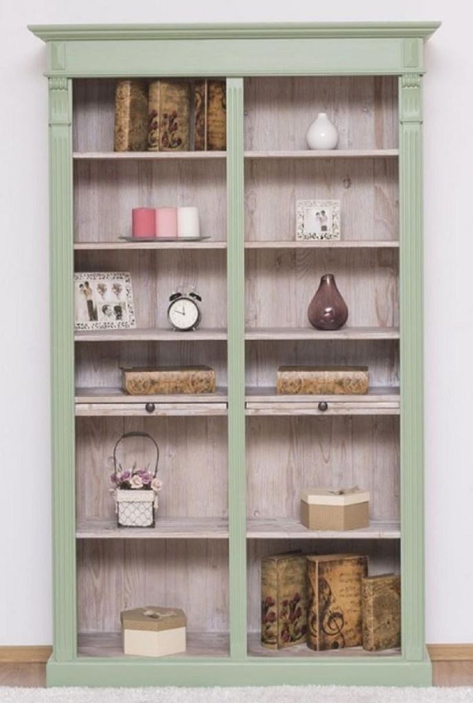 Casa Padrino Landhausstil Bücherschrank Grün / Naturfarben 120 x 37 x H. 197 cm - Massivholz Schrank - Regalschrank - Wohnzimmerschrank - Landhau...