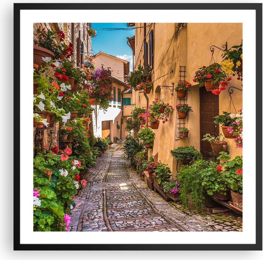 Gerahmtes Poster - Schwarzer Rahmen - Path Blumen Haus Hof - 60x60 cm - Wand Bild - Wanddeko - Wandbilder - Kunstposter - Wandposter - Bilderrahmen...