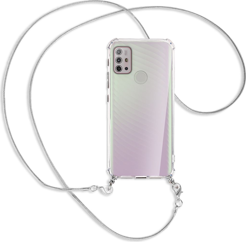 Handykette Backcover-Schutzhülle mit Band (Metall silberfarben) für Motorola Moto G10 (Power), G20, G30 - silberfarbene Kette Snake